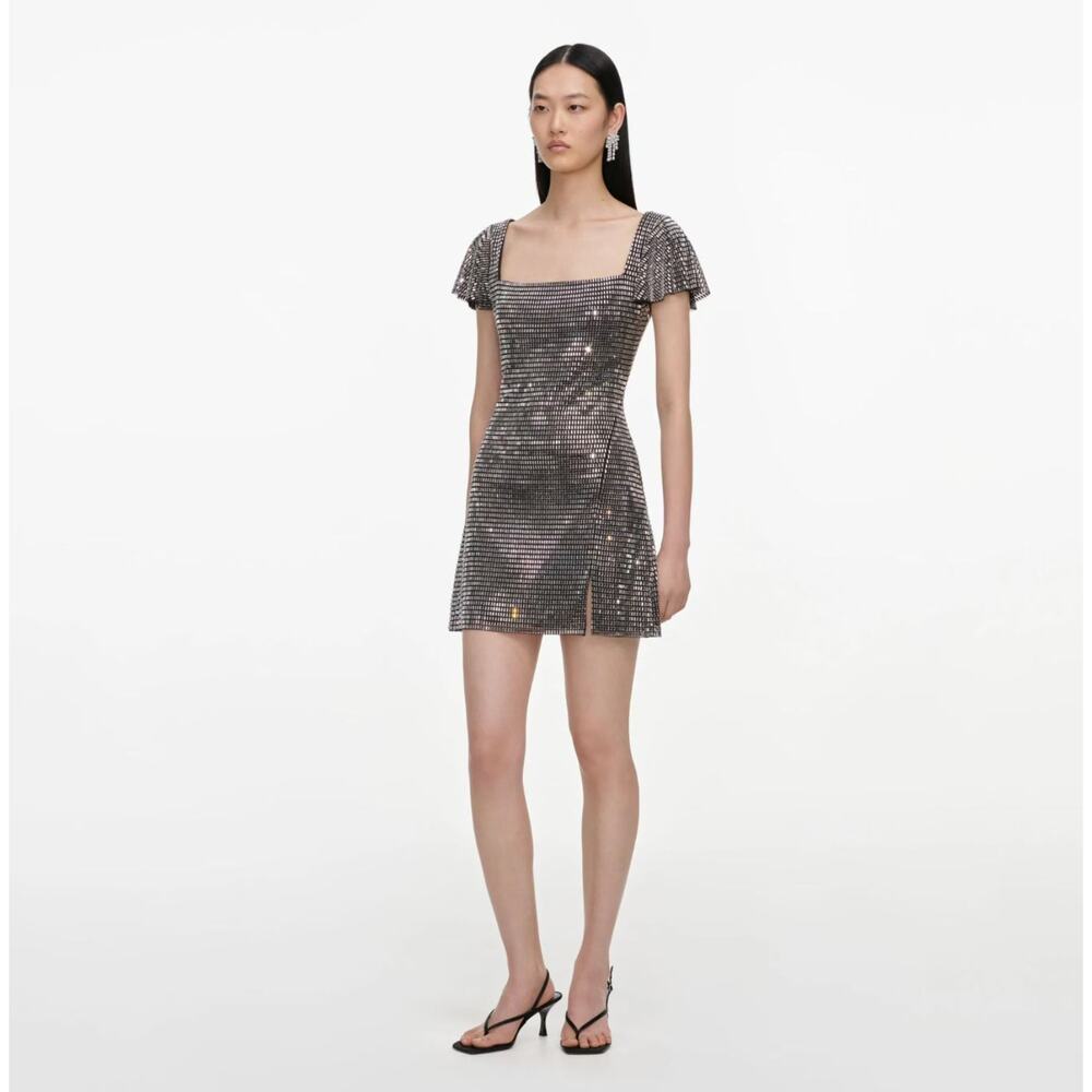 Self-Portrait Grey Rhinestone Mesh Mini Dress - Picture 2 of 12
